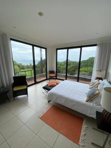 雅科Vista Lapas Nativa Resort的一间卧室设有一张大床和大窗户