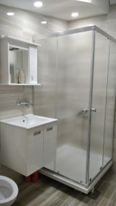 索科矿泉村Apartman 4 - Studio Janja的带淋浴、水槽和卫生间的浴室