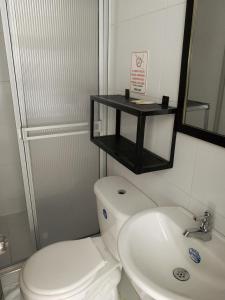 卡利Hotel Bisou的一间带卫生间、水槽和镜子的浴室