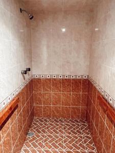 库埃察兰德尔普罗格雷索Posada Quetzalin的一间铺有棕色瓷砖的带淋浴的浴室