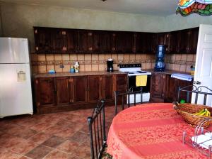 Cerro de OroAmankaya Atitlan的厨房配有木制橱柜和白色冰箱。