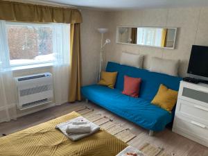 马特劳森蒂姆赖Lilakő Apartman的客厅配有蓝色的沙发和床。