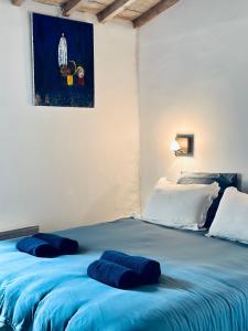 尼姆CASA AZUL - jardin, calme, tennis的一张大蓝色的床,上面有两个蓝色的枕头