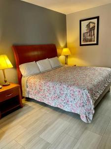 孟菲斯American Way Inn & Suites的一间卧室配有一张床、两盏灯和两张桌子