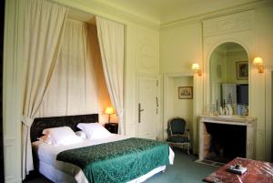 乌瑞基尼亚图比城堡酒店的一间卧室配有一张床和一个壁炉
