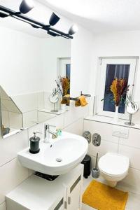 策勒Modernes Apartment mit Balkon free Parking Netflix的白色的浴室设有水槽和卫生间。