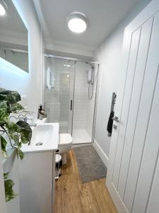 梅德斯通Homes from home by Tulloch Properties的浴室配有白色水槽和淋浴。