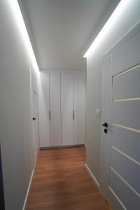 普沃茨克Apartament Manhattan的空衣柜,配有白色门和木地板