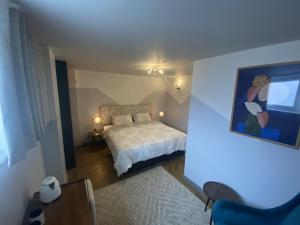 利物浦Urban Pod Hotel Liverpool的卧室配有一张床,墙上挂有绘画作品