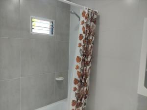 内乌肯Belgrano 658 Nqn - Piso 1 Dto 2的浴室配有淋浴帘和浴缸。