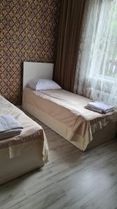 KurmentyКольсайские озера, гостиница Айару的带窗户的客房内的两张床