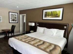 彭布罗克Champlain Motor Inn的酒店客房设有一张大床和一张桌子。