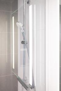芒通里瓦艺术温泉酒店的浴室内配有淋浴和吹风机