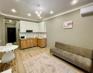 阿拉木图Modern Studio with Panoramic Mountain View的带沙发的客厅和厨房