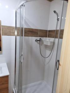 波别罗沃Domki Pod Dębami的浴室里设有玻璃门淋浴