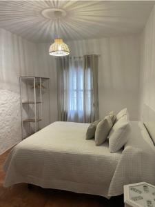 格拉茨莱马Casa Lucas的卧室配有一张带吊灯的大型白色床。