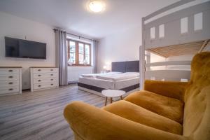 伏尔塔瓦河畔利普诺Apartment 123-2 Lipno Home的客厅配有沙发和1张床