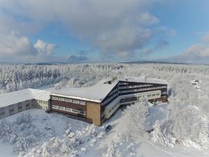 库罗阿尔滕堡卢格斯滕霍夫酒店的雪地中的一座建筑,有雪覆盖的树木