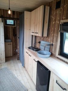 阿佩勒恩Tiny House Calido的厨房配有木制橱柜和柜台上的碗