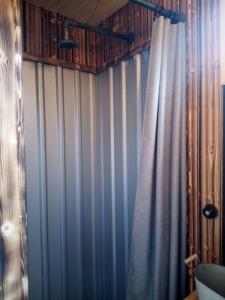 阿佩勒恩Tiny House Calido的浴室拥有蓝色和白色条纹墙和窗帘
