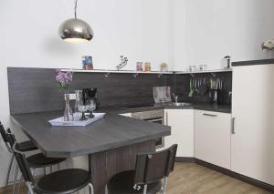 奥茨塞巴德·迪尔哈根DUENENROSE App Nr 03 max 3 Pers的厨房配有柜台和一些椅子