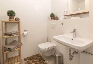 奥茨塞巴德·迪尔哈根DUENENROSE App Nr 03 max 3 Pers的白色的浴室设有卫生间和水槽。