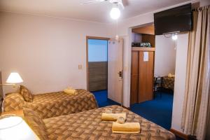 门多萨Hotel Pacífico的酒店客房设有两张床和一台平面电视。