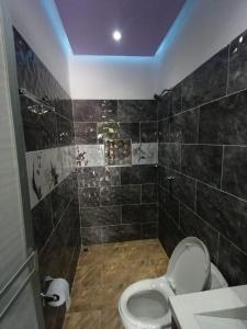 多拉代尔Parcela el paraiso的一间带卫生间和瓷砖淋浴的浴室