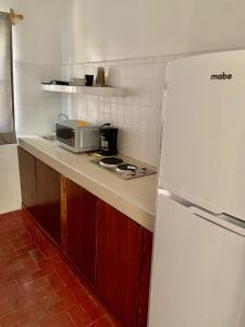 马萨特兰Creta Hotel & Suites的厨房配有白色冰箱和微波炉