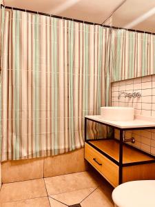 布宜诺斯艾利斯Casa Sumaq的一间带水槽和淋浴帘的浴室
