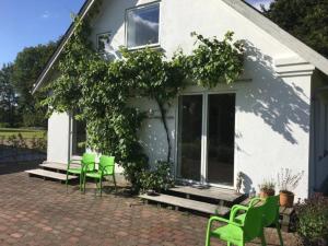 吉弗Skønt hus på landet tæt på Billund的白色的房子,带绿椅和树