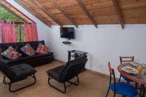 卡利Ecovilla Cali的客厅配有黑色沙发和桌子