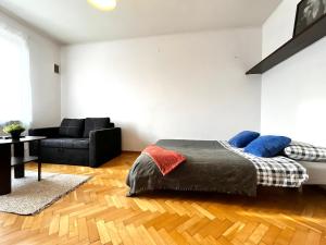克拉科夫Old Town Apartment的一间卧室配有一张床和一张沙发