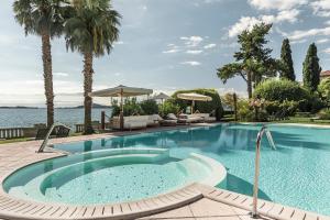 加尔多内-里维耶拉卡普里别墅酒店的棕榈树和水体的游泳池