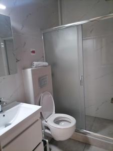 尼亚普拉莫斯Petrani Suite 1的白色的浴室设有卫生间和淋浴。