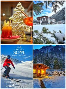 皮茨河谷圣莱昂哈德斯波特赛普尔维塔尔酒店的滑雪胜地和滑雪者四幅画的拼合物