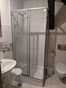 KlödenPension Auf der Tenne的带淋浴、卫生间和盥洗盆的浴室