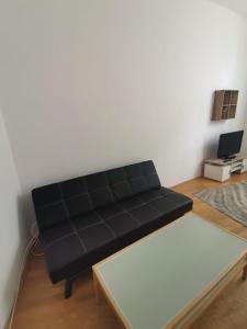 维也纳Central City Apartment的客厅配有一张黑色沙发,设有一张桌子
