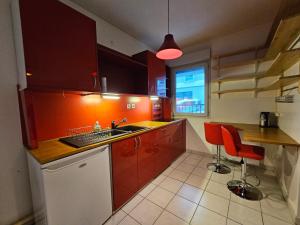 卡威尔奎T2 Parc & Cité Internationale的厨房配有红色橱柜、水槽和柜台。