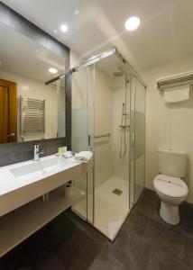 艾因萨阿波罗酒店的浴室配有卫生间、盥洗盆和淋浴。