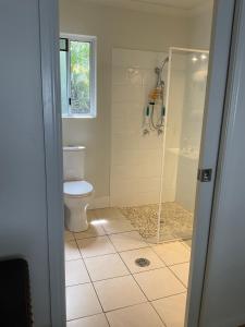 DoonanClearwater estate的一间带卫生间和玻璃淋浴间的浴室