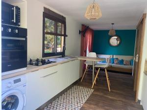 圣皮埃尔Le Palan的厨房配有洗衣机和桌子