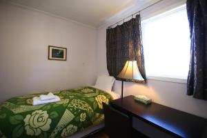 耶洛奈夫Jenny Guest House的一间卧室配有一张床、一张书桌和一个窗户。