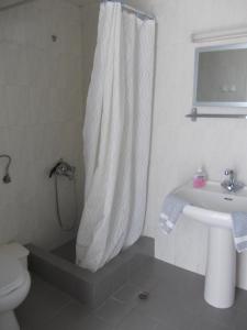 加藤-达拉特索Astra Hotel Apartments的浴室配有淋浴帘和盥洗盆。