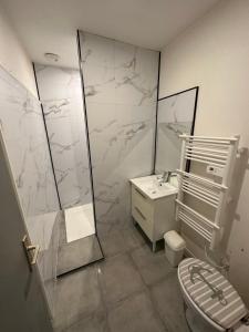 普瓦捷Appartement meublé proche du futuroscope的浴室配有卫生间、盥洗盆和淋浴。