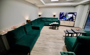 琴斯托霍瓦Hostel OPEN GARDEN的一间设有绿色沙发和平面电视的等候室
