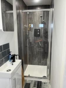 梅布尔索普S and S Chalets Mablethorpe的浴室里设有玻璃门淋浴