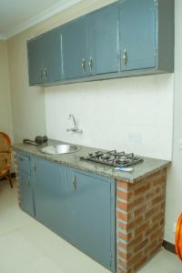 利隆圭Avon Garden Apartments Area 25的厨房配有水槽和蓝色橱柜