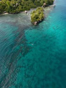 BombaAraya Dive Resort Togean的水面上岛屿的空中景观