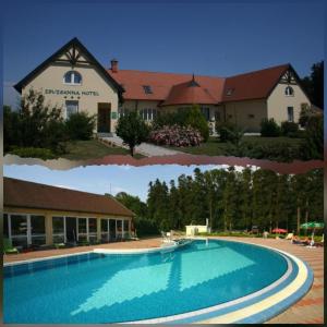 SzelesteFestetich Kastélyszálló és Zsuzsanna Hotel的两幅房子和游泳池的照片